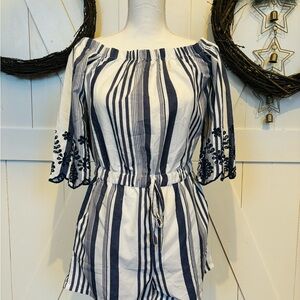 Striped Off-Shoulder Romper with Embroidered Sleeves